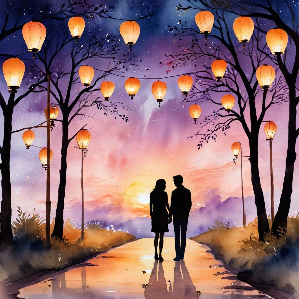 A romantic scene depicting a couple exchanging loving glances under a twilight sky, surrounded by soft glowing lanterns. Incorporate symbols of connection like intertwined hands and a heart-shaped path leading into the distance, representing the journey from flirtation to devotion. Use warm hues and soft focus to evoke intimacy. watercolor painting. warm colors. dreamy atmosphere.