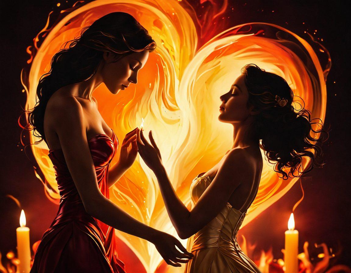 A warm, luminous heart engulfed in swirling flames, symbolizing intense passion and devotion, surrounded by glowing embers and soft candlelight. In the background, silhouettes of two figures reaching towards each other, embodying connection and romance. The color palette features rich reds, oranges, and soft golds to evoke warmth and emotion. magical realism. vibrant colors. soft focus.