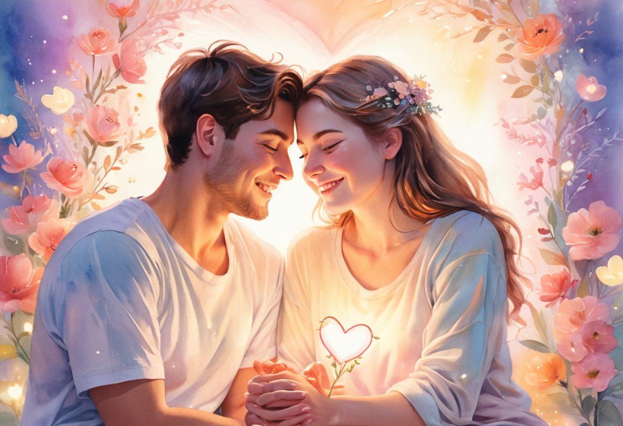 A serene and intimate scene depicting two people sitting closely together, surrounded by soft, glowing lights. They are sharing a moment of laughter and deep connection, with symbols of love like blooming flowers and hearts subtly integrated into the background. The atmosphere should evoke warmth and emotional closeness, emphasizing a soulmate connection. watercolor style. soft pastel colors.